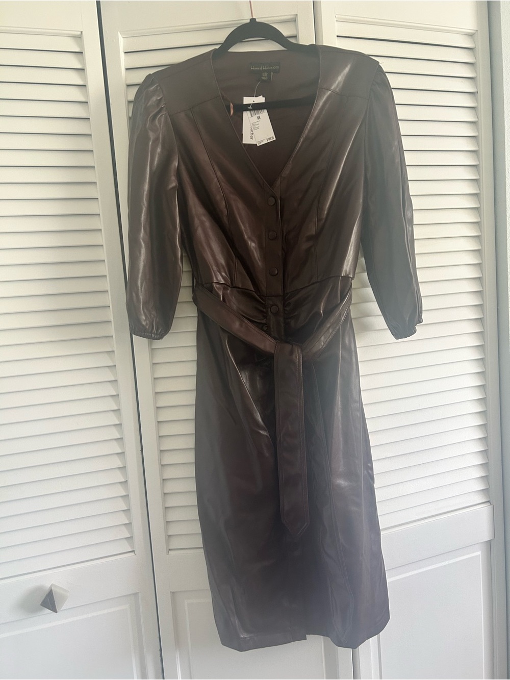 House of Harlow 1960 Brown Leather Button-Front Belted Dress